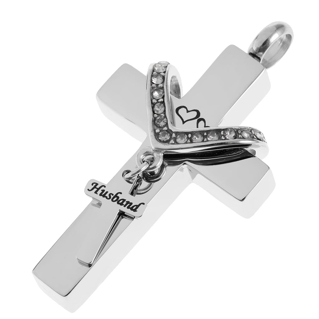 Cross Crystal Stainless Steel Urn Cremation Family Keepsake Pendant Husband