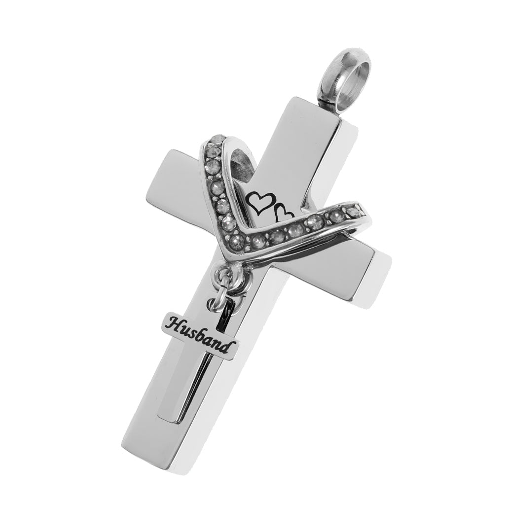 Cross Crystal Stainless Steel Urn Cremation Family Keepsake Pendant Husband