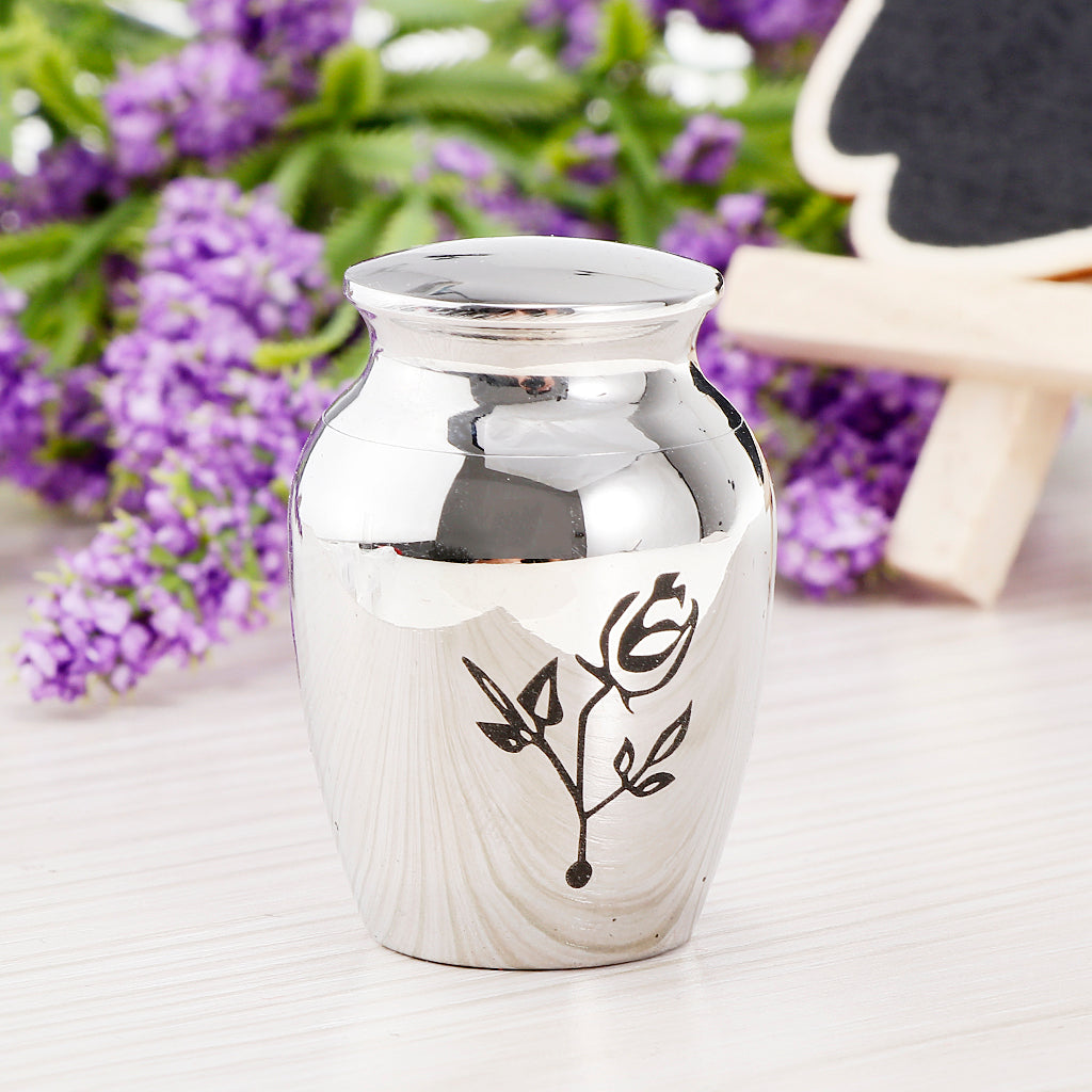Stainless Steel Urn Jar Funeral Cremation Container Rose Flower Pattern