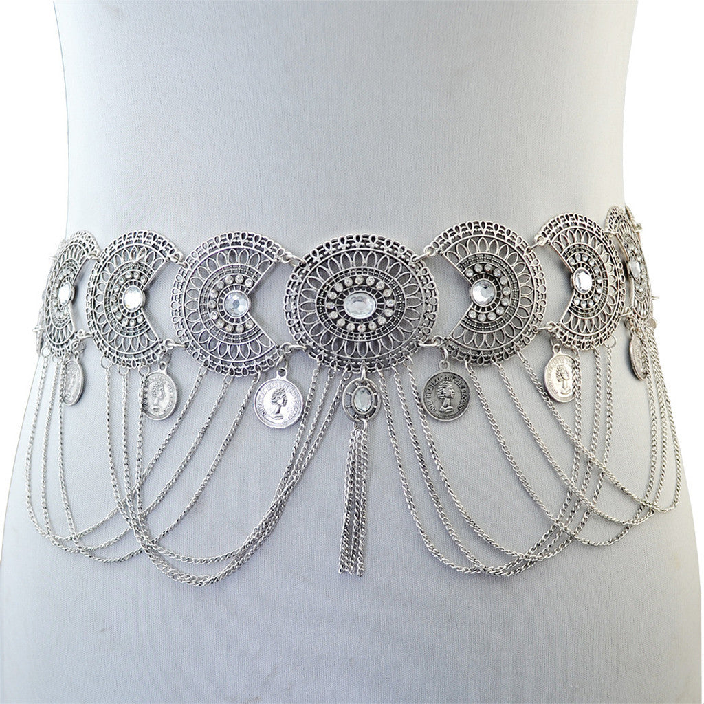 Vintage Bohemian Rhinestone Coin Tassel Wedding Gypsy Waist Belt Silver