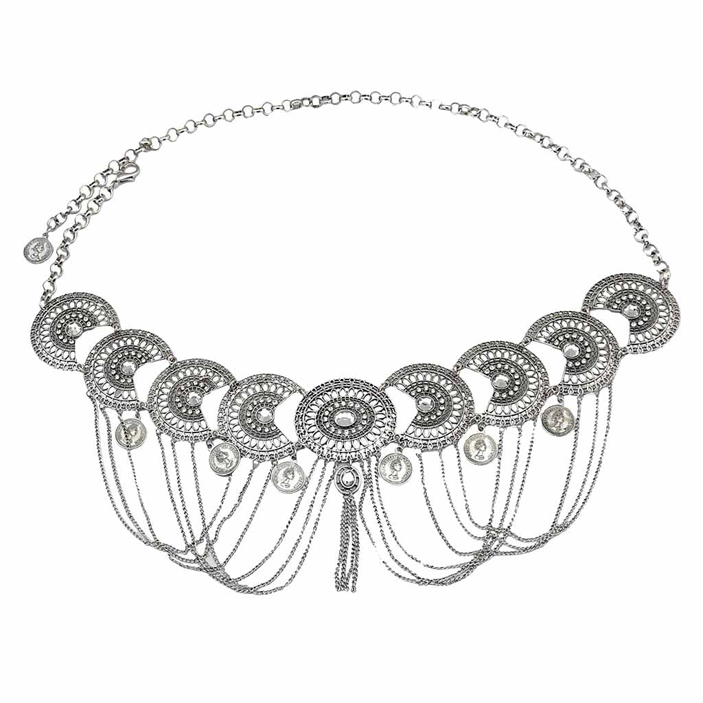 Vintage Bohemian Rhinestone Coin Tassel Wedding Gypsy Waist Belt Silver