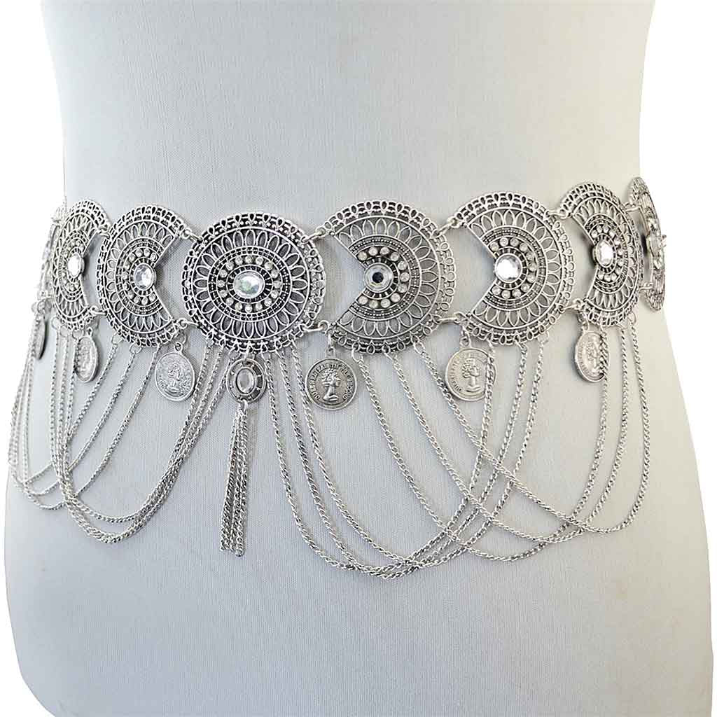 Vintage Bohemian Rhinestone Coin Tassel Wedding Gypsy Waist Belt Silver