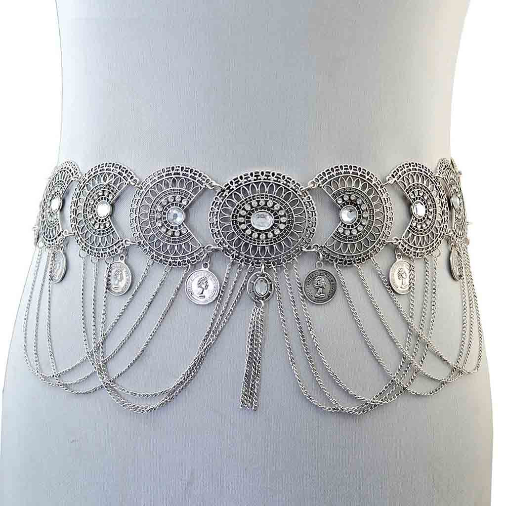 Vintage Bohemian Rhinestone Coin Tassel Wedding Gypsy Waist Belt Silver