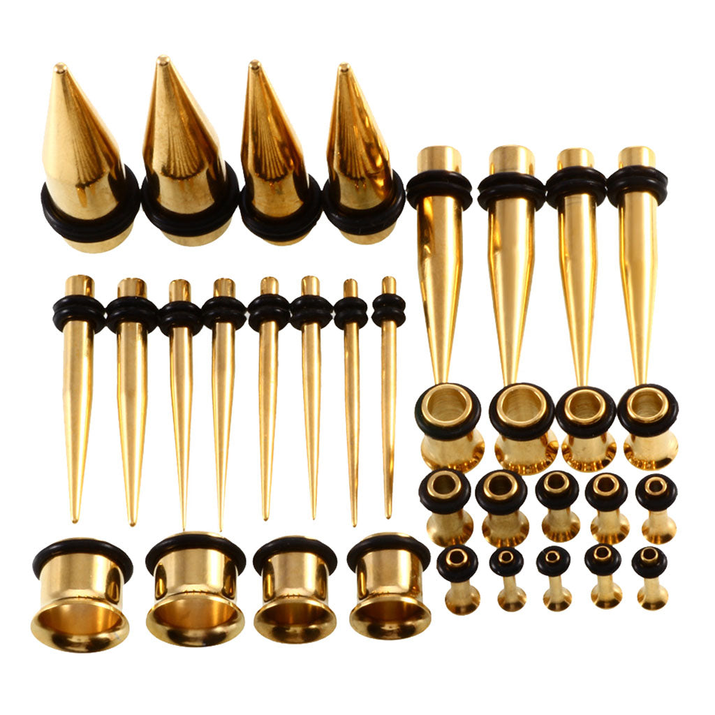 36 Pieces Ear Gauges Stretching Kit Plugs Taper 14G-00G Expanders Gold