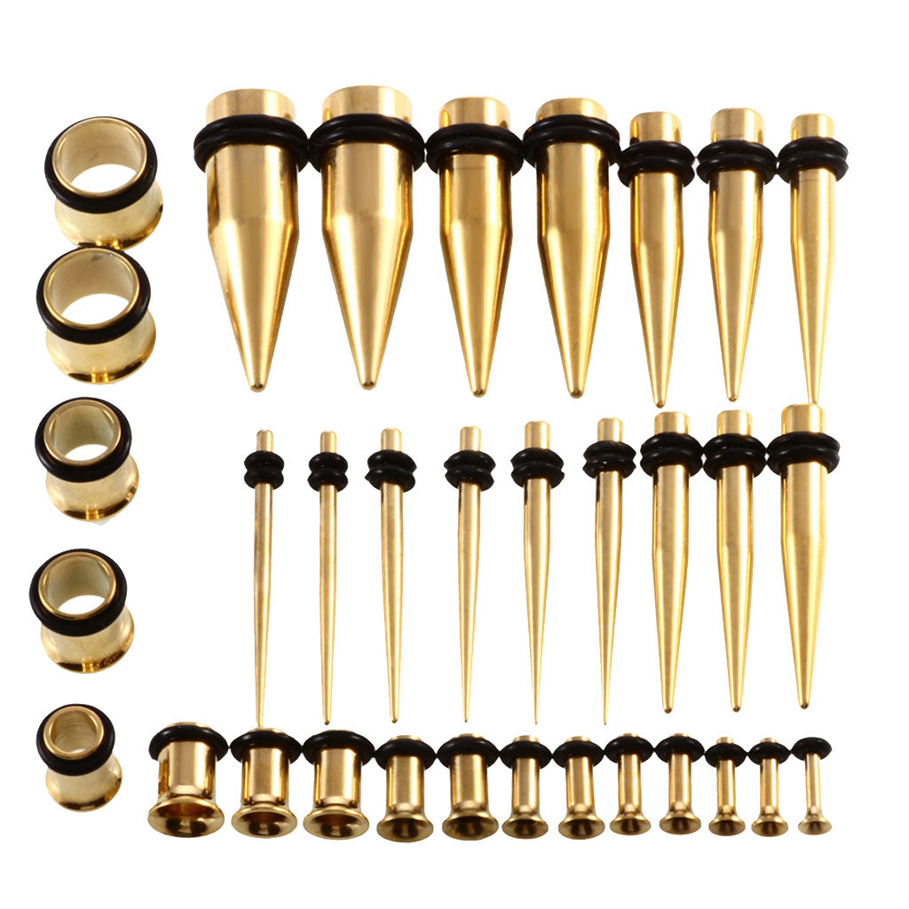 36 Pieces Ear Gauges Stretching Kit Plugs Taper 14G-00G Expanders Gold