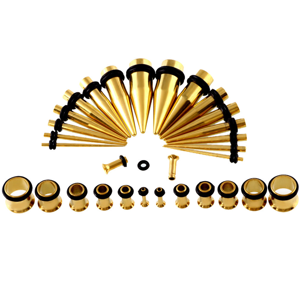 36 Pieces Ear Gauges Stretching Kit Plugs Taper 14G-00G Expanders Gold