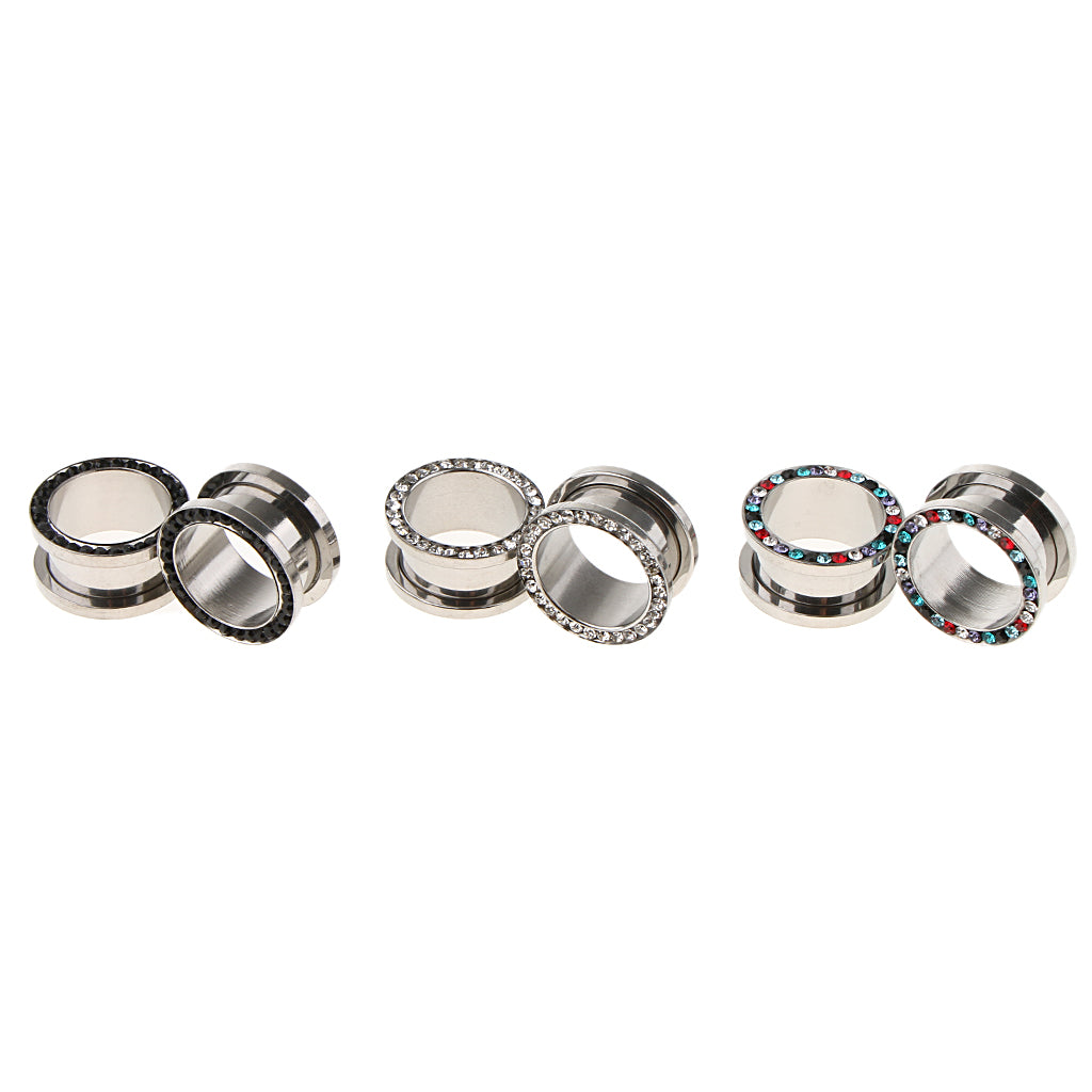 6pcs Rhinestone Stainless Steel Screw Ear Gauges Plugs Tunnels Expander 16mm