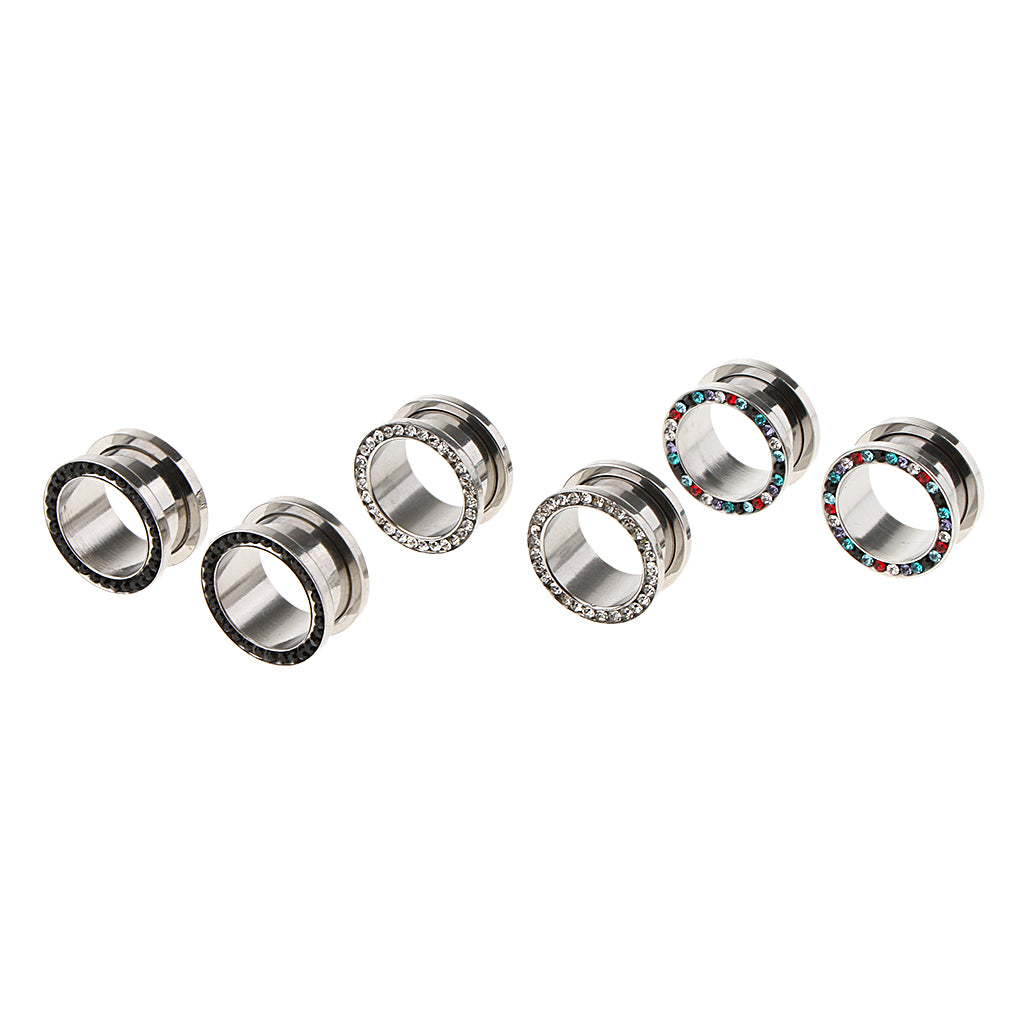 6pcs Rhinestone Stainless Steel Screw Ear Gauges Plugs Tunnels Expander 16mm