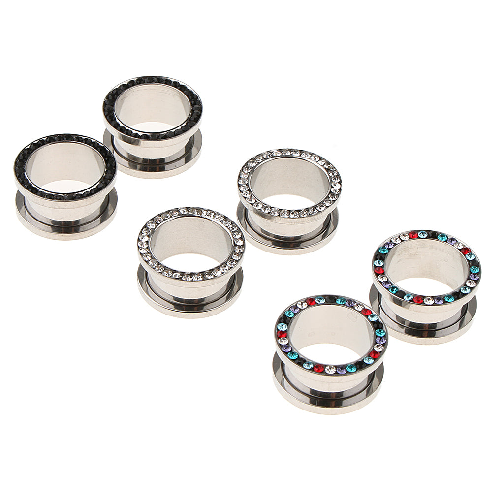 6pcs Rhinestone Stainless Steel Screw Ear Gauges Plugs Tunnels Expander 16mm