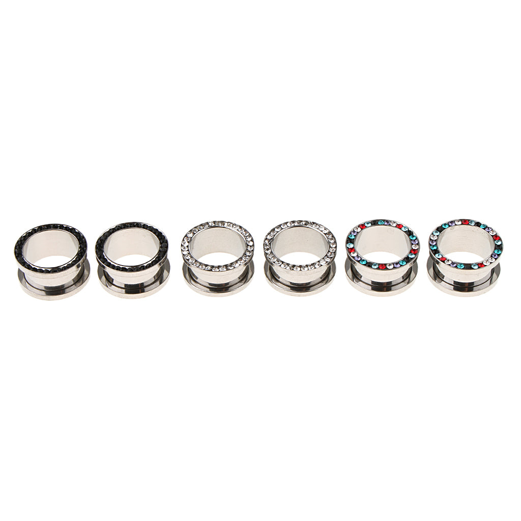 6pcs Rhinestone Stainless Steel Screw Ear Gauges Plugs Tunnels Expander 16mm