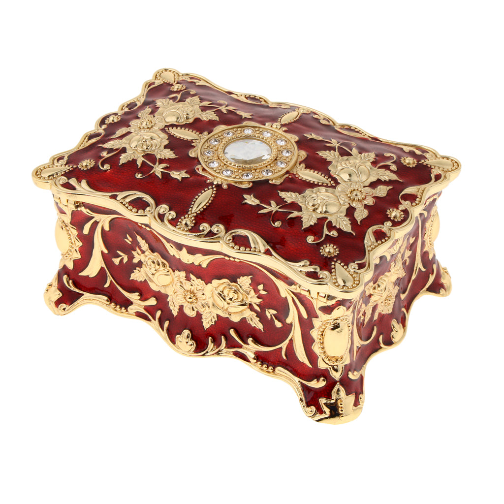 Retro Enamel Flower Sculpture Trinkets Chest Jewelry Box Organizer Red