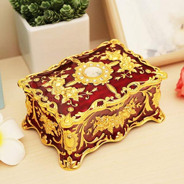 Retro Enamel Flower Sculpture Trinkets Chest Jewelry Box Organizer Red