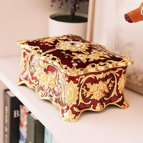 Retro Enamel Flower Sculpture Trinkets Chest Jewelry Box Organizer Red