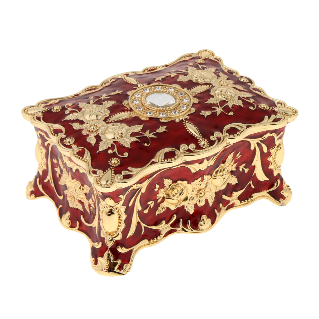 Retro Enamel Flower Sculpture Trinkets Chest Jewelry Box Organizer Red