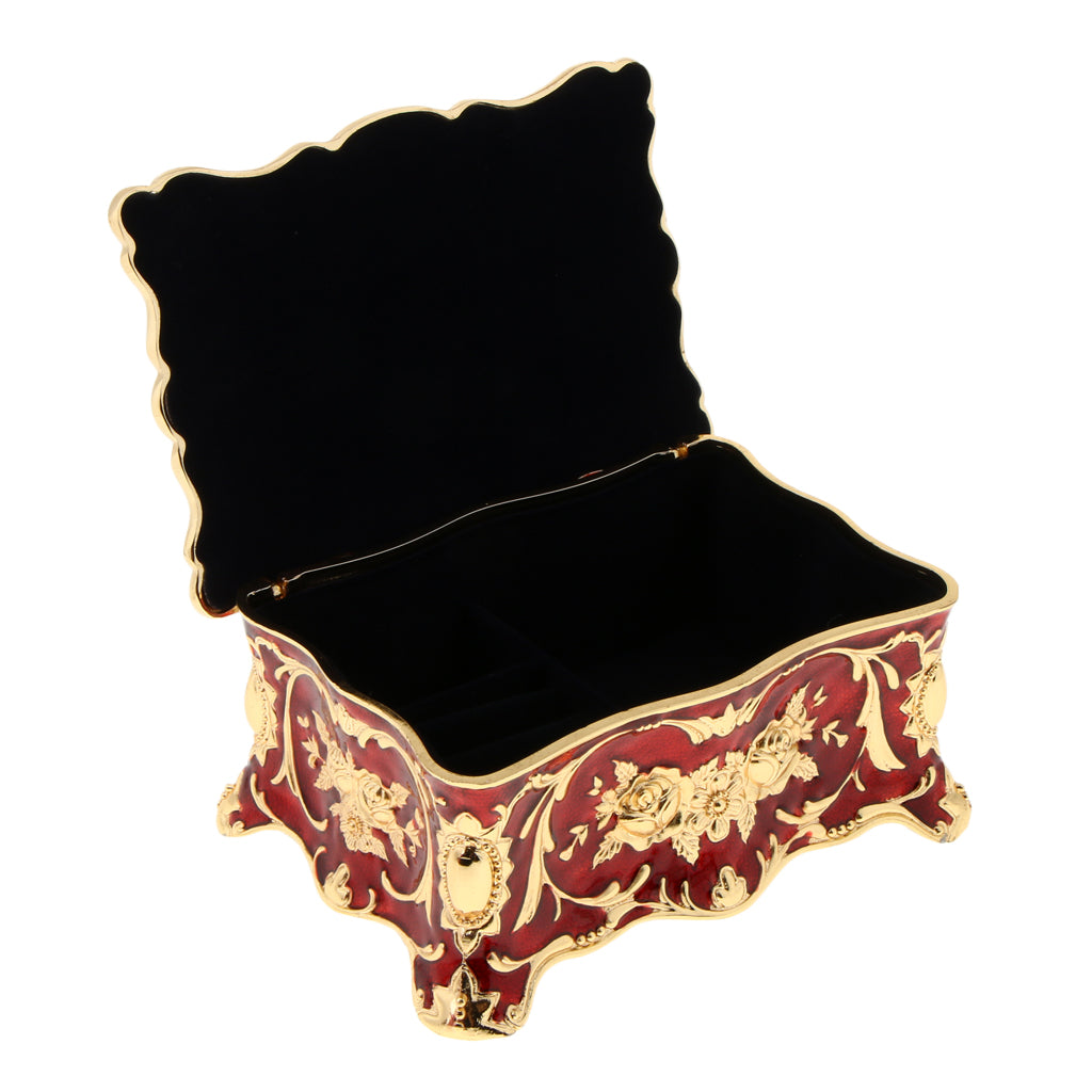 Retro Enamel Flower Sculpture Trinkets Chest Jewelry Box Organizer Red