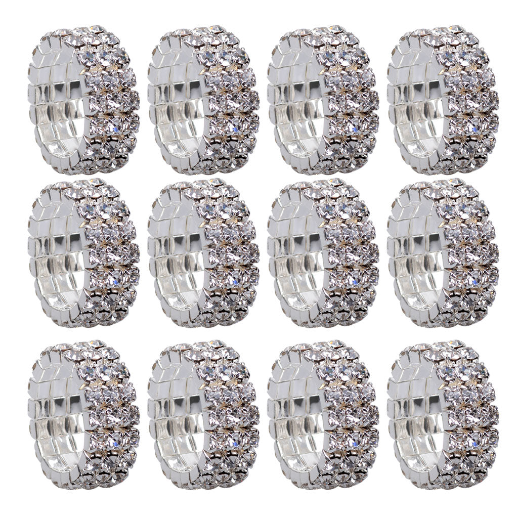 12 Pieces Triple Row Wedding Crystal Elastic Stretch Ring White