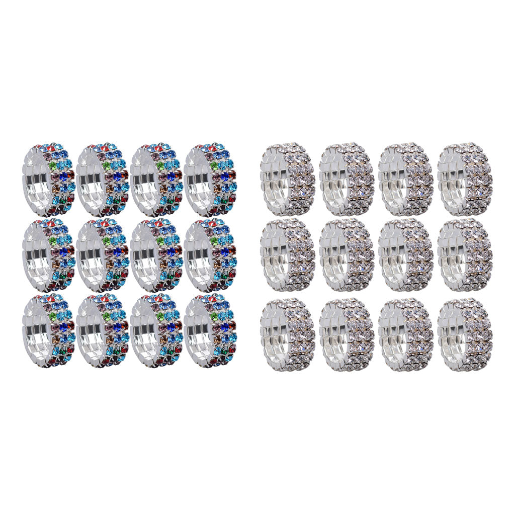 12 Pieces Triple Row Wedding Crystal Elastic Stretch Ring White