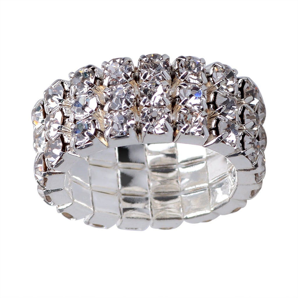 12 Pieces Triple Row Wedding Crystal Elastic Stretch Ring White