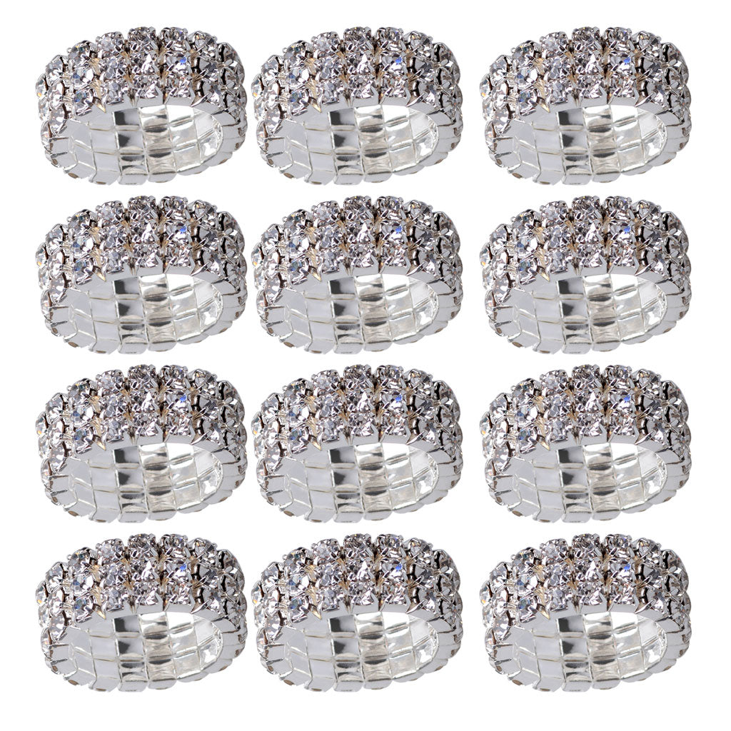 12 Pieces Triple Row Wedding Crystal Elastic Stretch Ring White