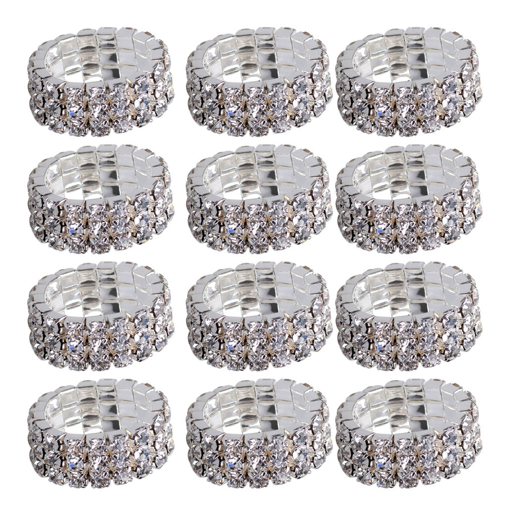 12 Pieces Triple Row Wedding Crystal Elastic Stretch Ring White