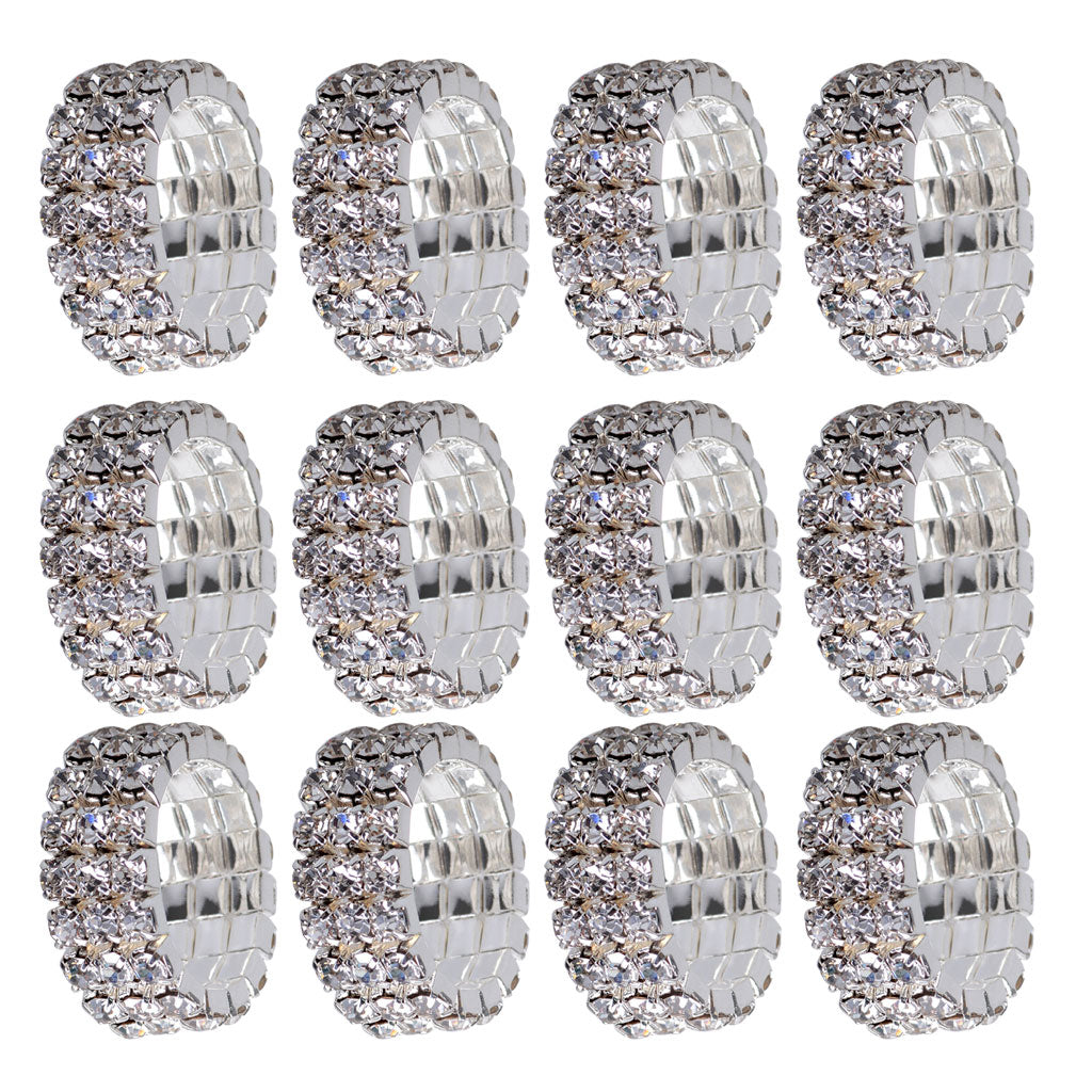 12 Pieces Triple Row Wedding Crystal Elastic Stretch Ring White