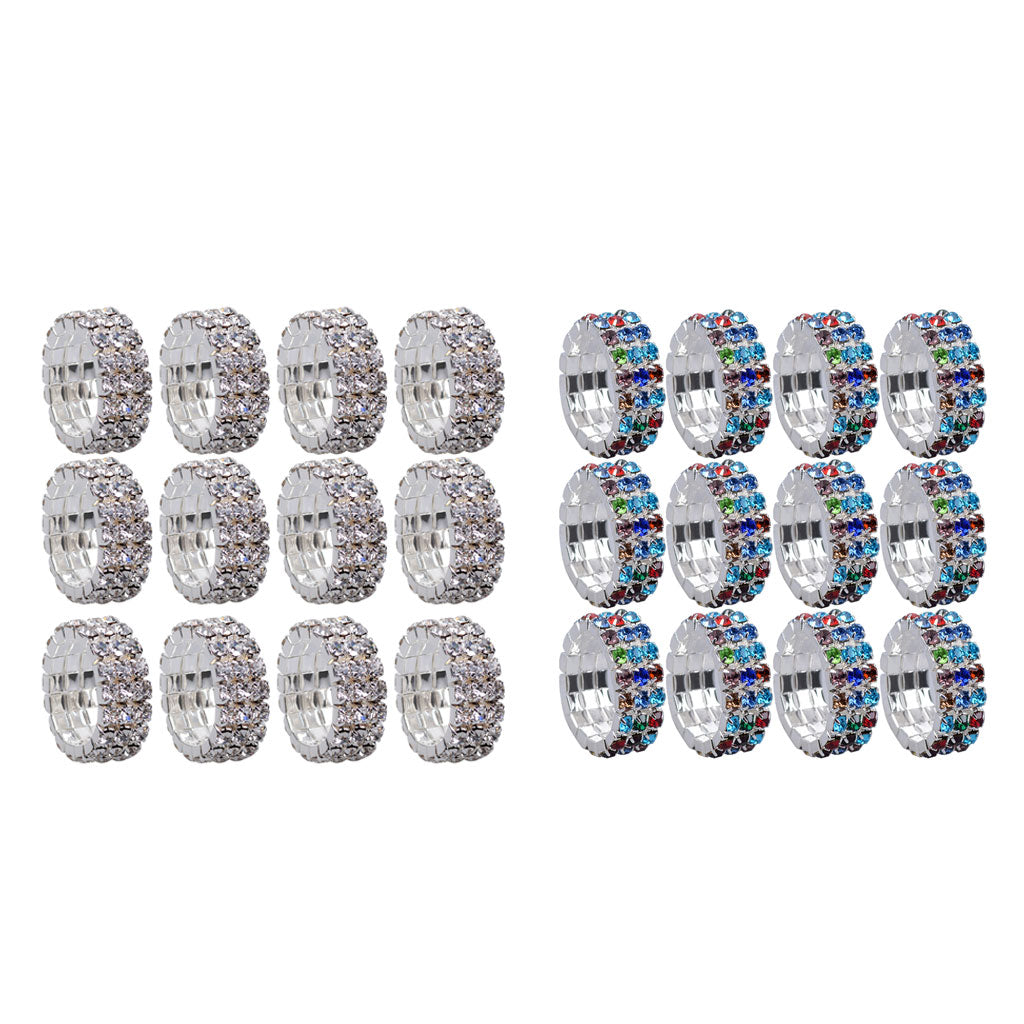 12 Pieces Triple Row Wedding Crystal Elastic Stretch Ring White