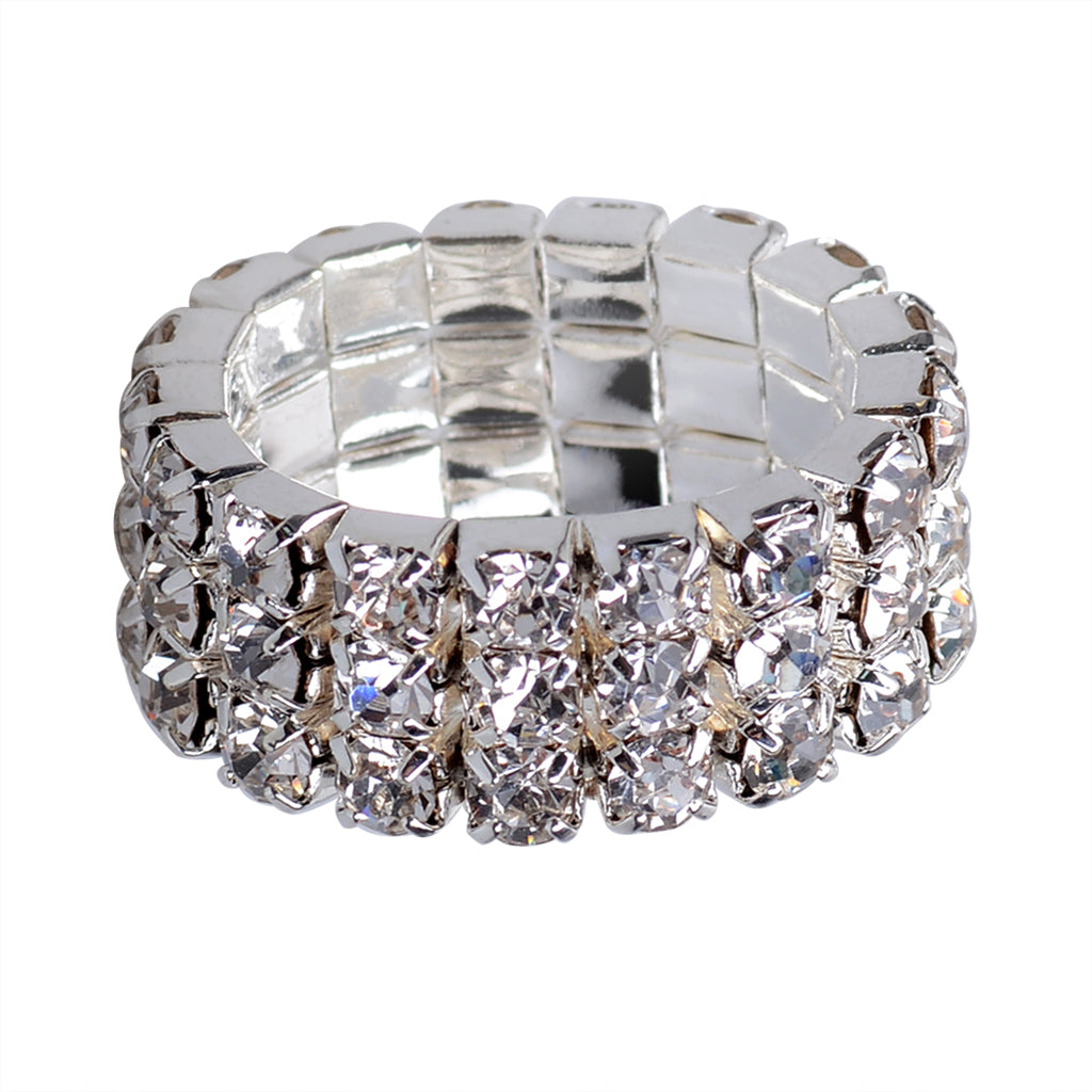 12 Pieces Triple Row Wedding Crystal Elastic Stretch Ring White