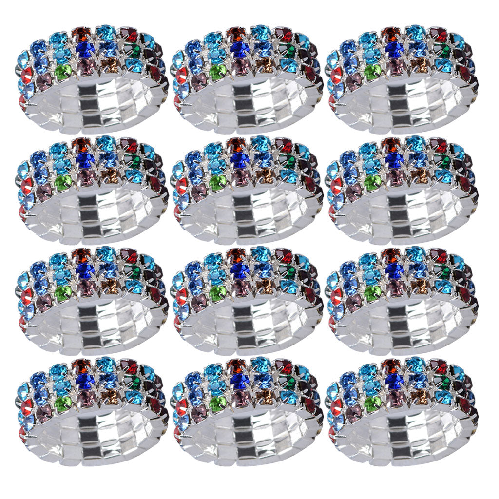 12 Pieces Triple Row Wedding Crystal Elastic Stretch Ring Multicolor