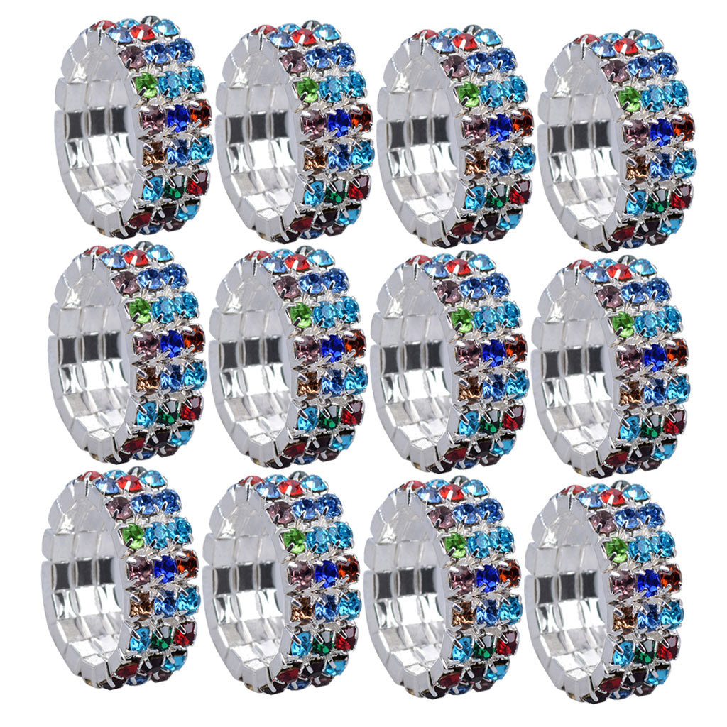 12 Pieces Triple Row Wedding Crystal Elastic Stretch Ring Multicolor