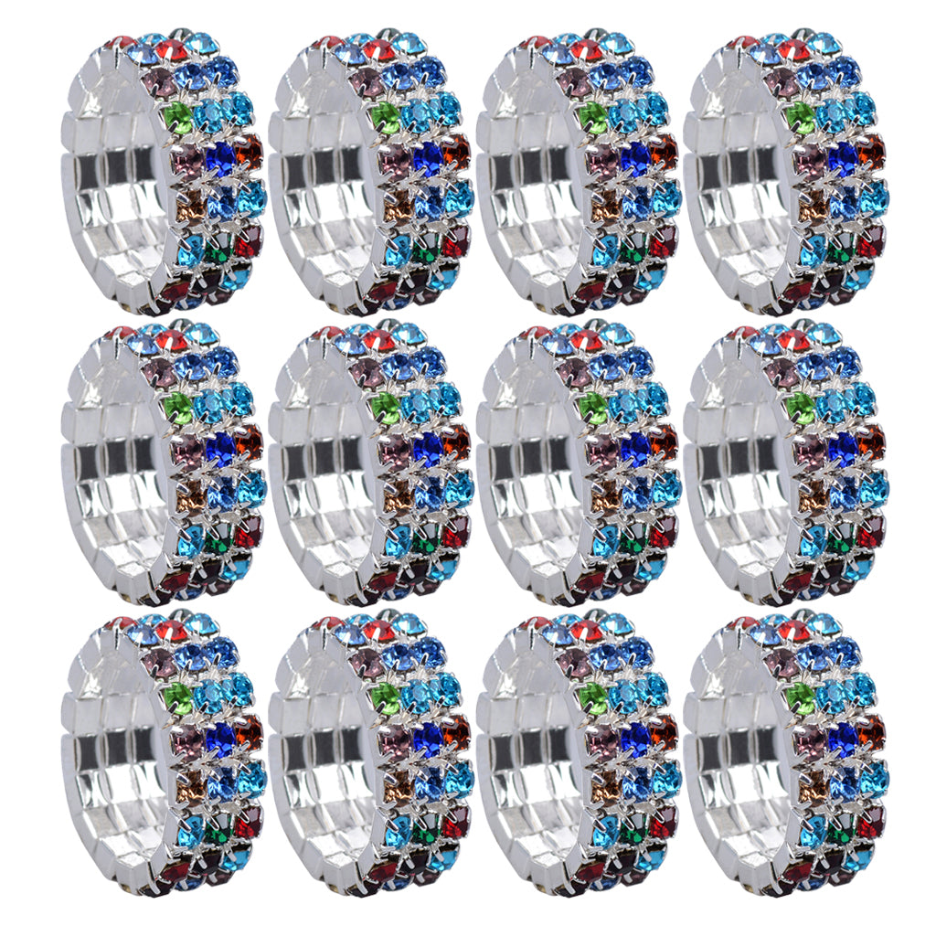 12 Pieces Triple Row Wedding Crystal Elastic Stretch Ring Multicolor