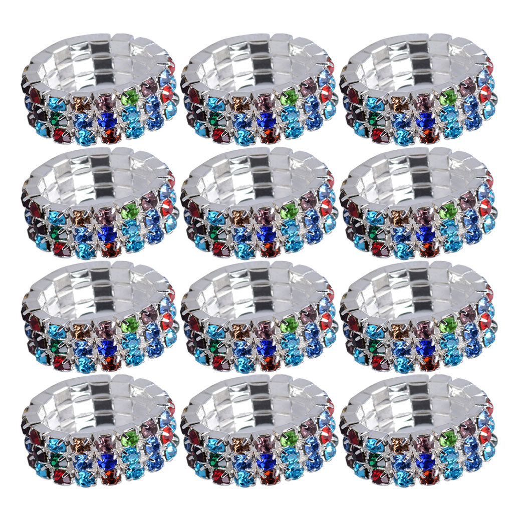 12 Pieces Triple Row Wedding Crystal Elastic Stretch Ring Multicolor