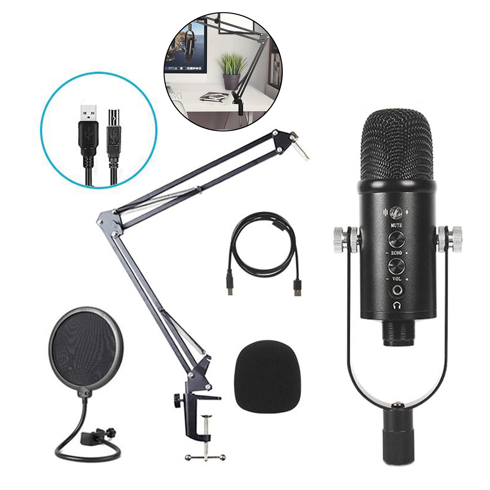 USB Condenser Microphone Kit Studio Broadcast Sound Recording Desk Stand