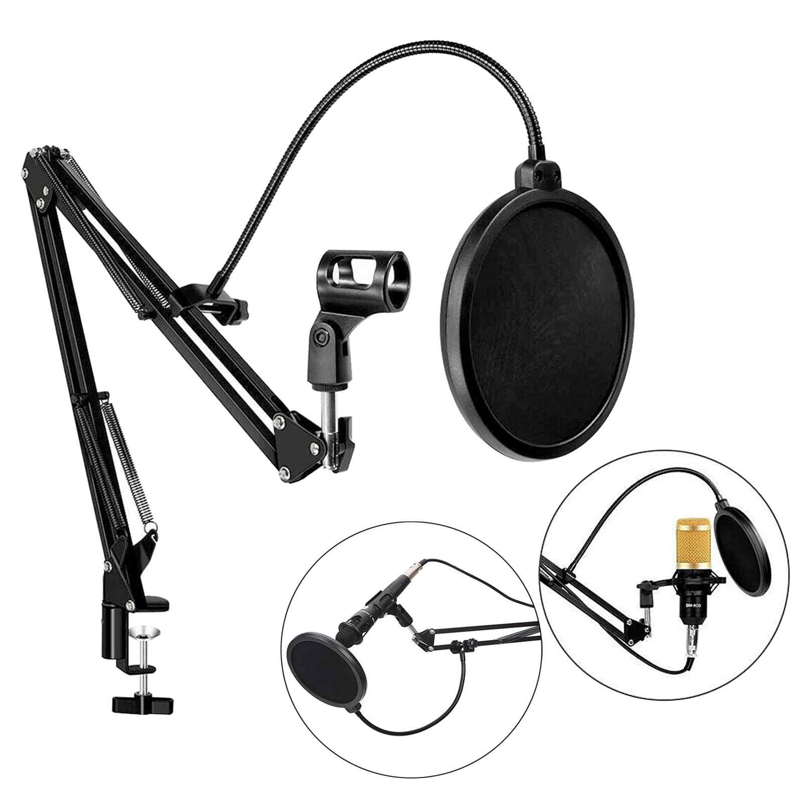 Tabletop Microphone Stand Holder Bracket with 2 Layer Pop Filter Wind Screen