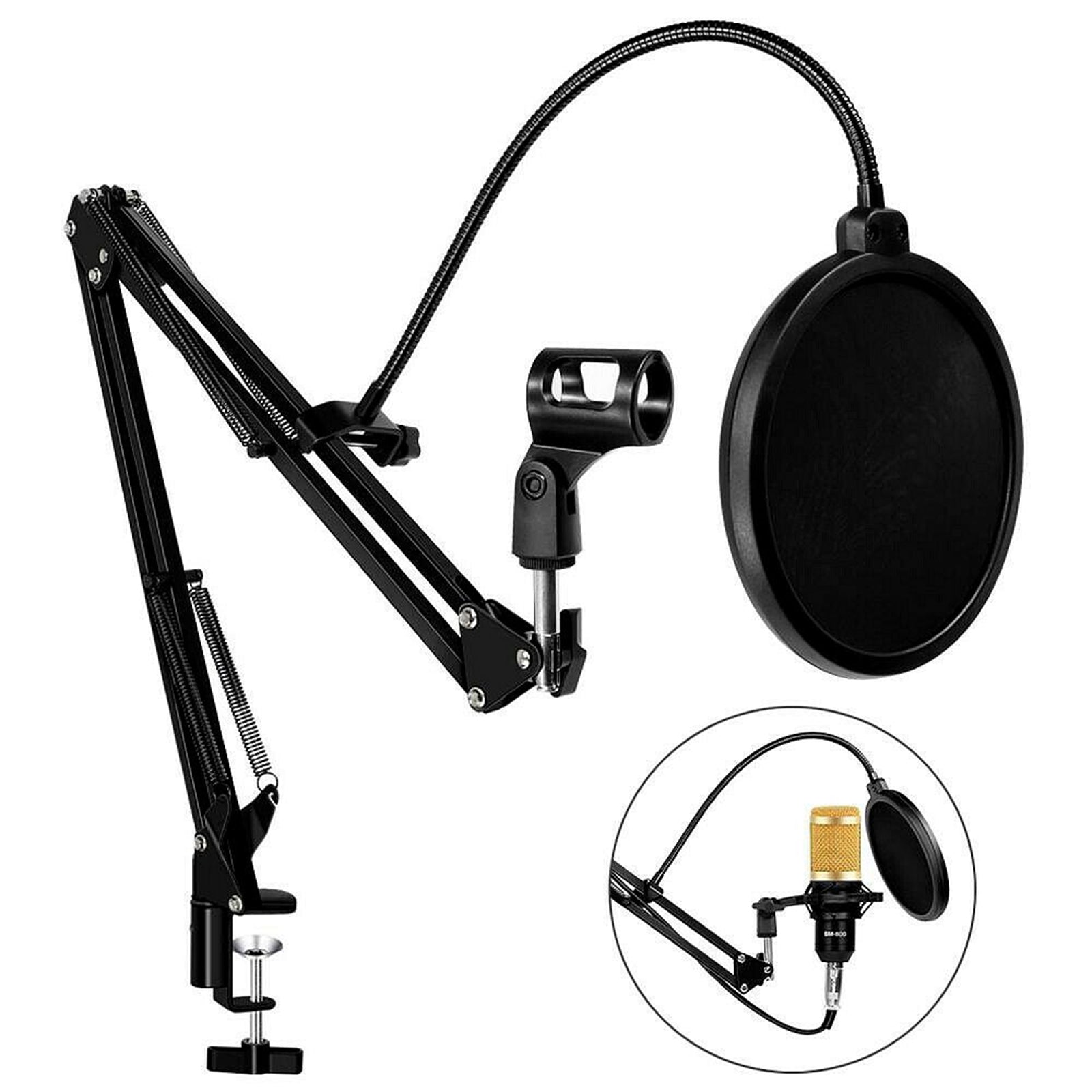 Tabletop Microphone Stand Holder Bracket with 2 Layer Pop Filter Wind Screen