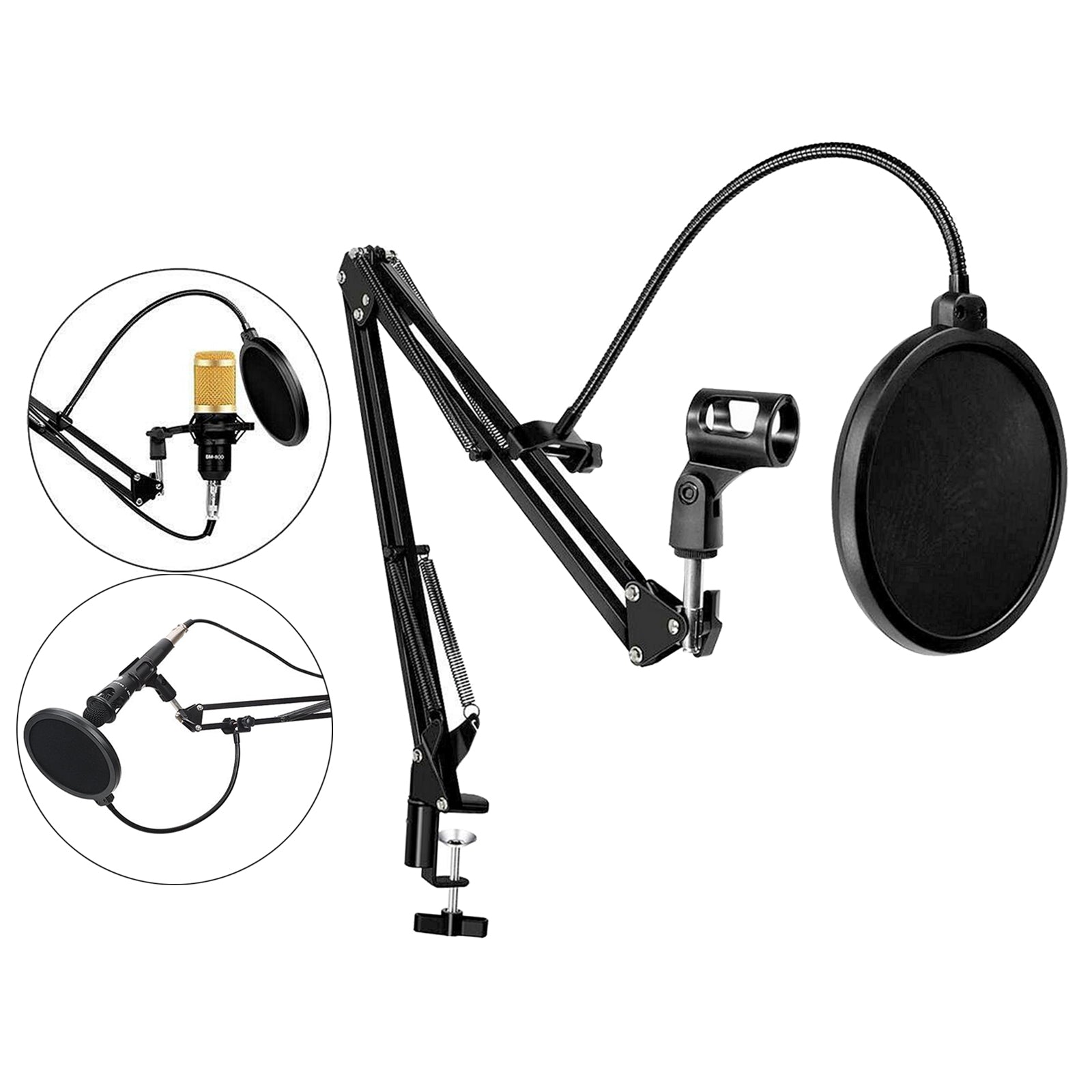 Tabletop Microphone Stand Holder Bracket with 2 Layer Pop Filter Wind Screen