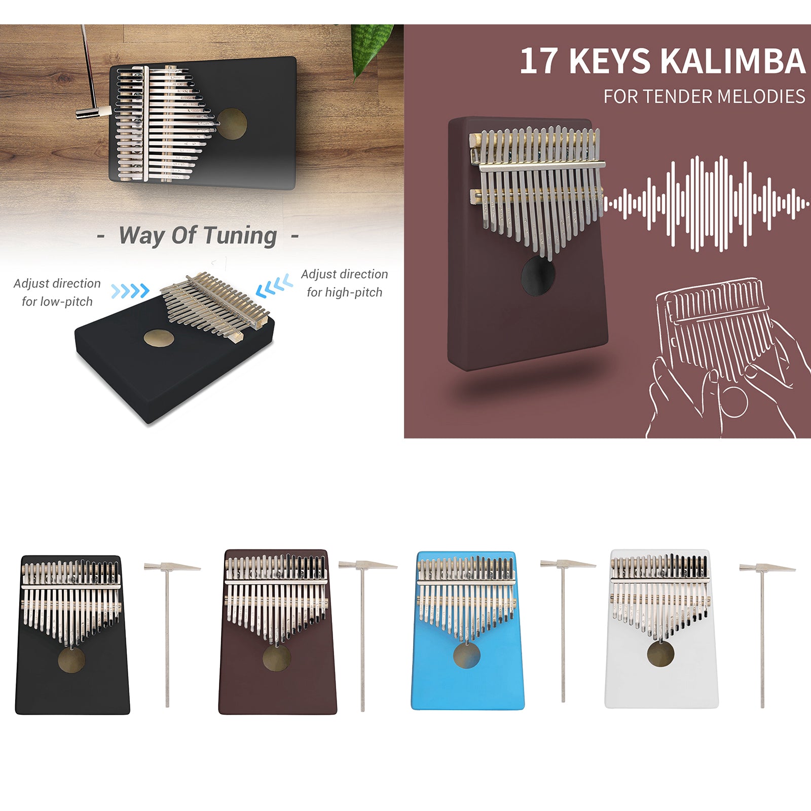 17-Key Kalimba Thumb Piano Toy Maple Finger Piano with Tune Hammer