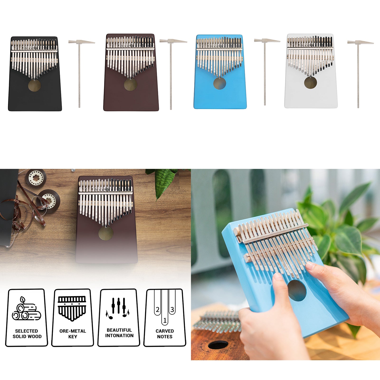 17-Key Kalimba Thumb Piano Toy Maple Finger Piano with Tune Hammer