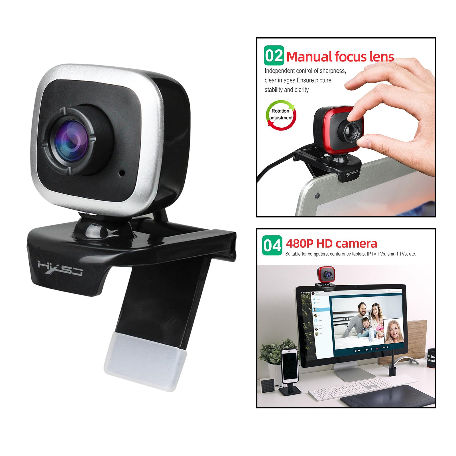 480P Desktop Computer USB Web Camera Webcam Manual Focus Black Silver