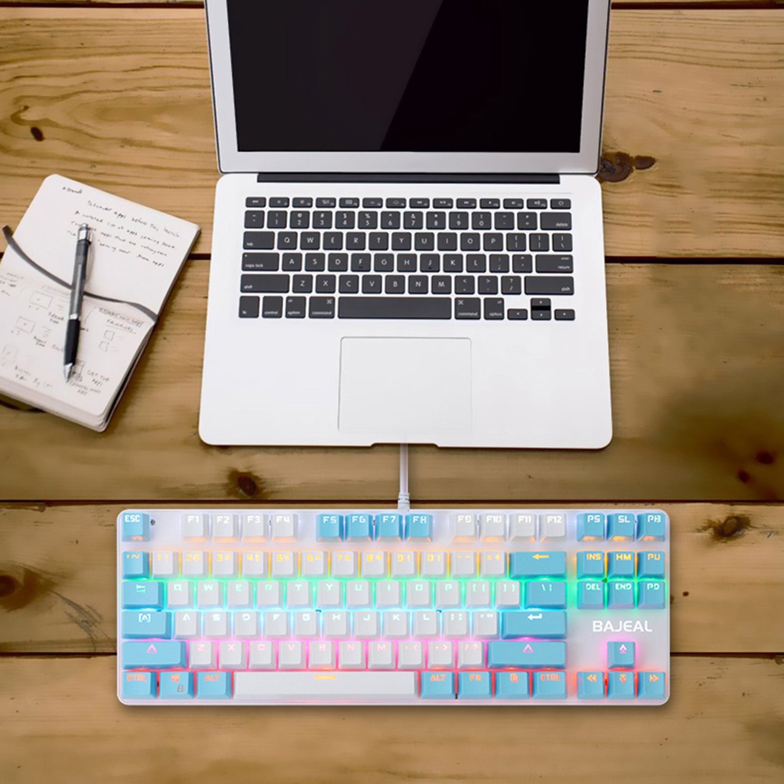 Computer Desktop Wired Gaming Keyboard 87 Keys Layout for Work White+Blue