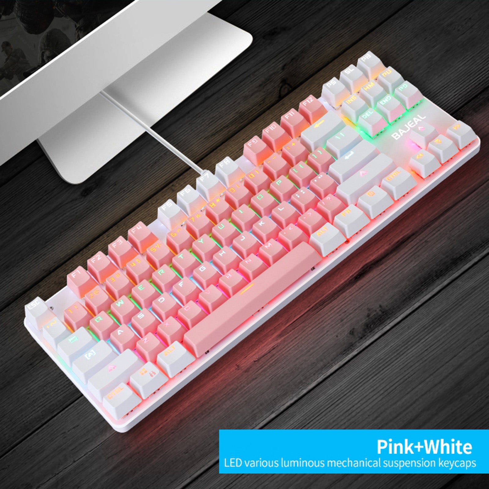 Computer Desktop Wired Gaming Keyboard 87 Keys Layout for Work Pink+White