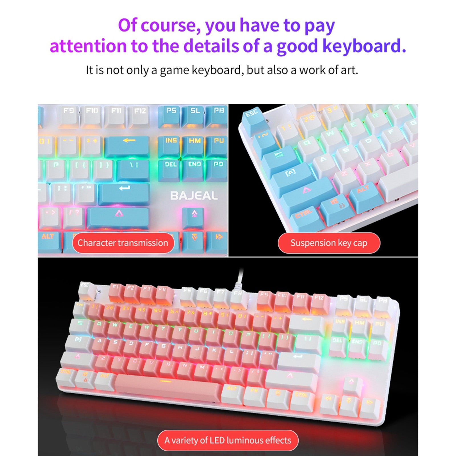 Computer Desktop Wired Gaming Keyboard 87 Keys Layout for Work Pink+White