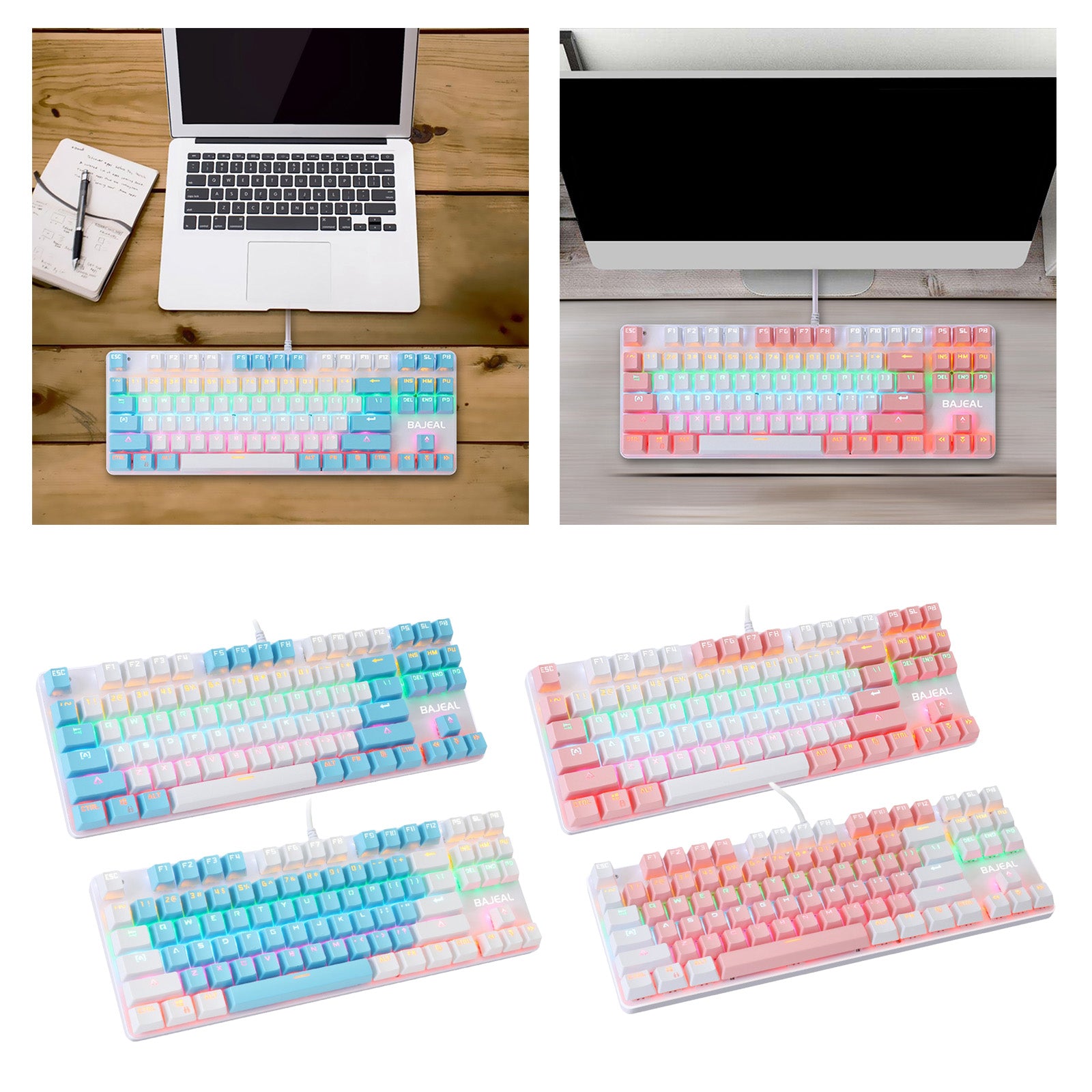 Computer Desktop Wired Gaming Keyboard 87 Keys Layout for Work White+Pink