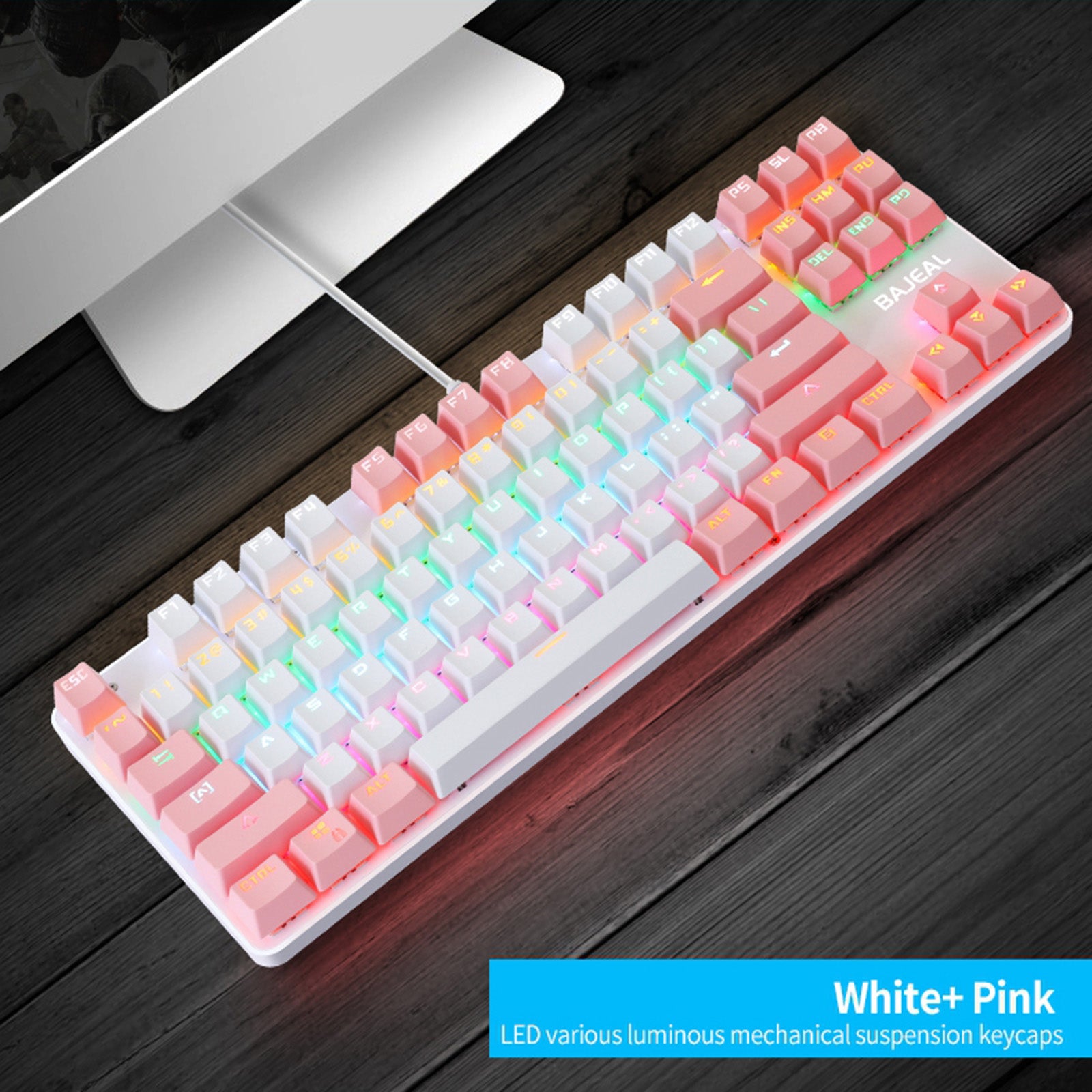 Computer Desktop Wired Gaming Keyboard 87 Keys Layout for Work White+Pink