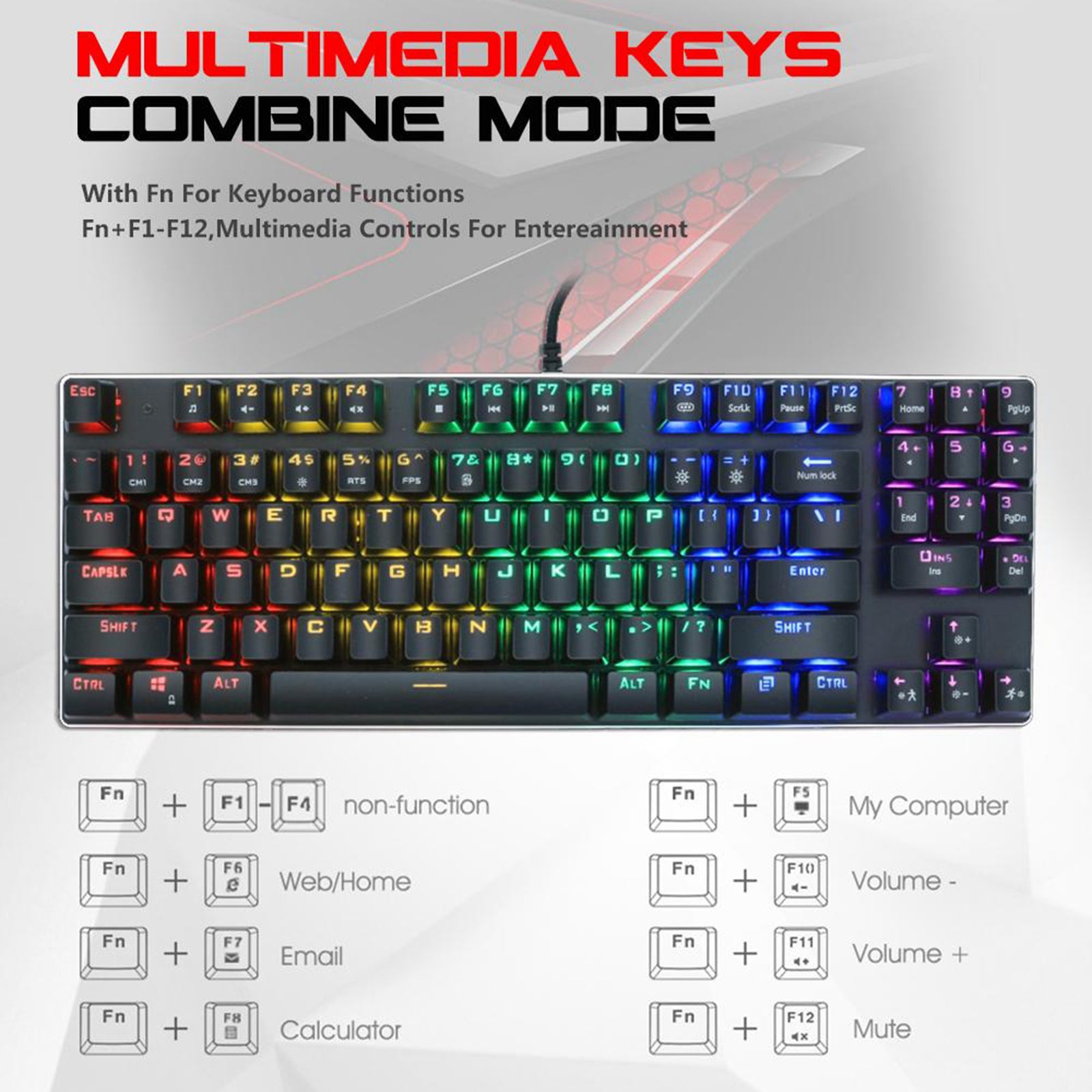 Mechanical Gaming Keyboard USB Wired 89 Keys Backlight Laptop Brown Switch