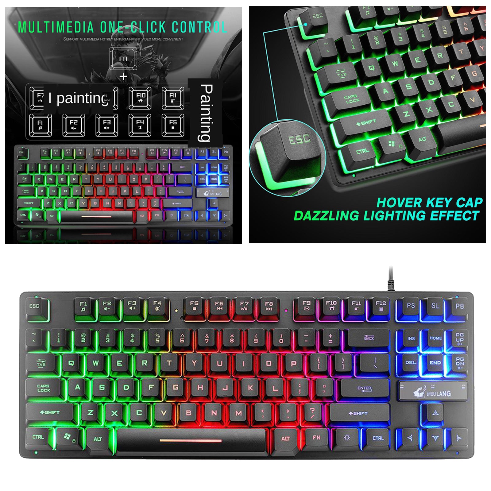 K16 87-Key USB Wired Gaming Keyboard Rainbow Backlight Keypads For PC Laptop