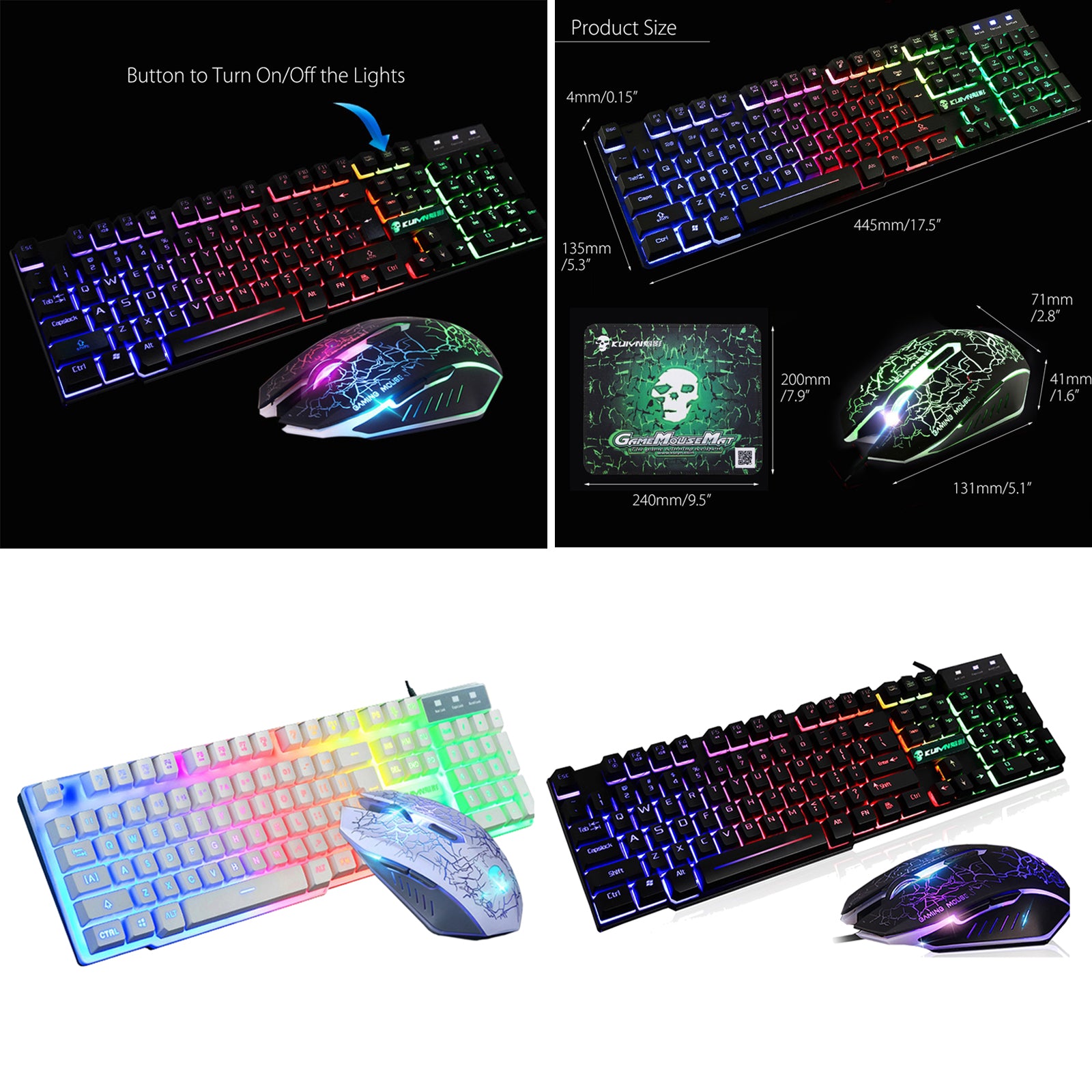 T6 Rainbow LED USB Wired Gaming Keyboard & Mouse Pad Set for PC Laptop Black