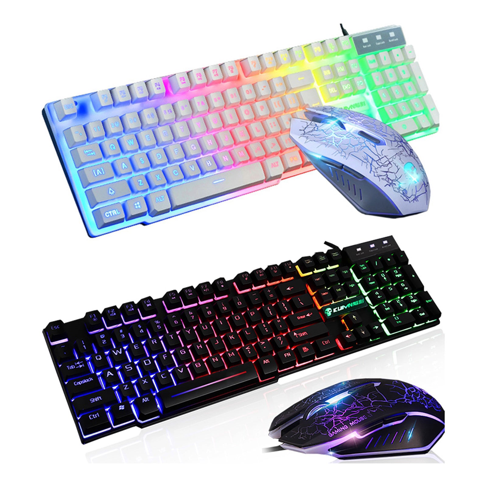 T6 Rainbow LED USB Wired Gaming Keyboard & Mouse Pad Set for PC Laptop Black