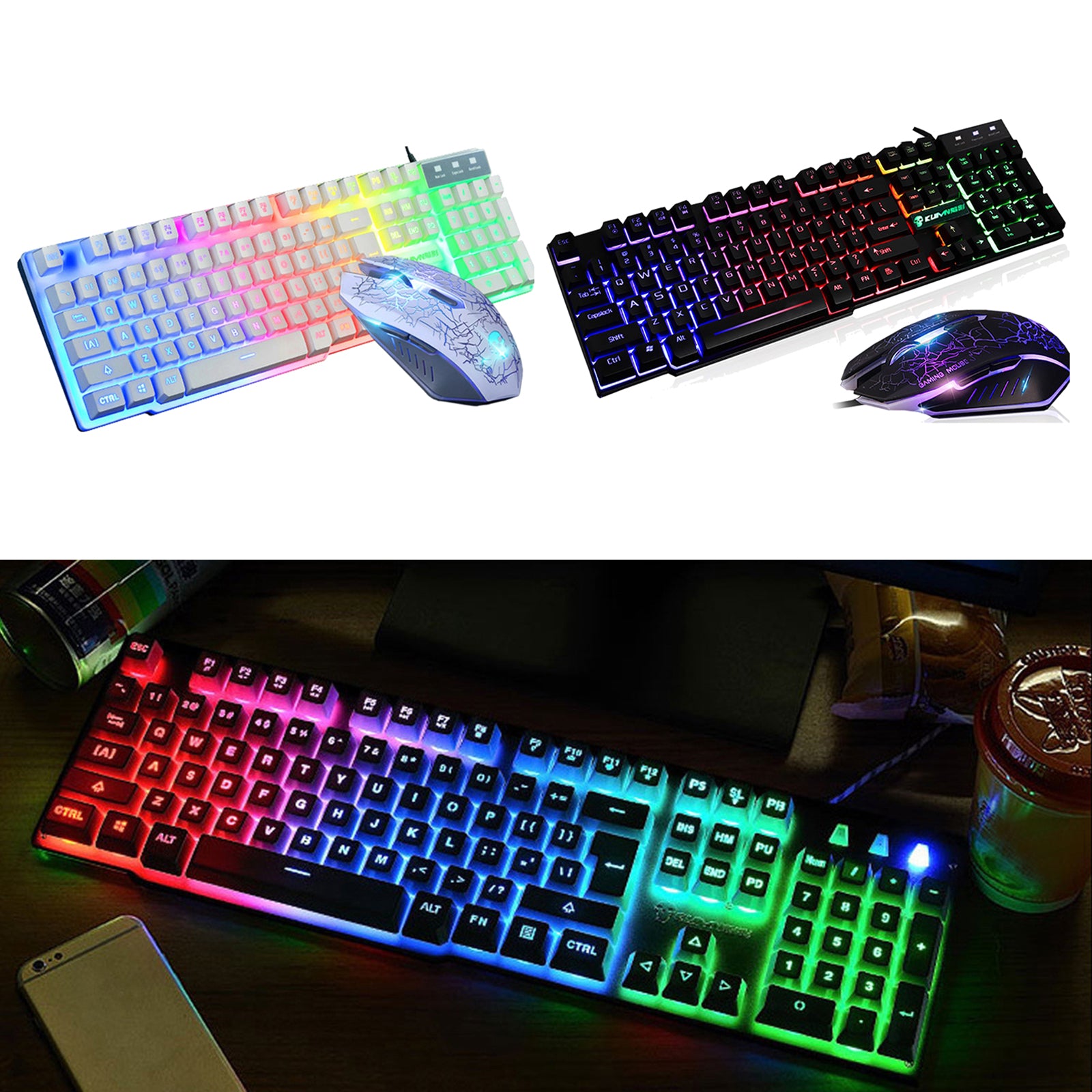 T6 Rainbow LED USB Wired Gaming Keyboard & Mouse Pad Set for PC Laptop Black