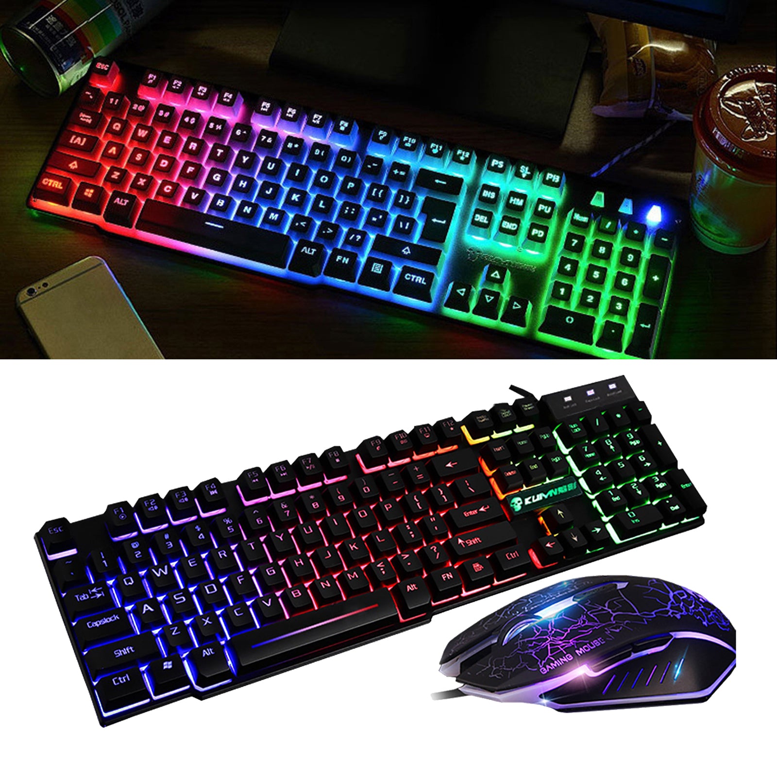 T6 Rainbow LED USB Wired Gaming Keyboard & Mouse Pad Set for PC Laptop Black