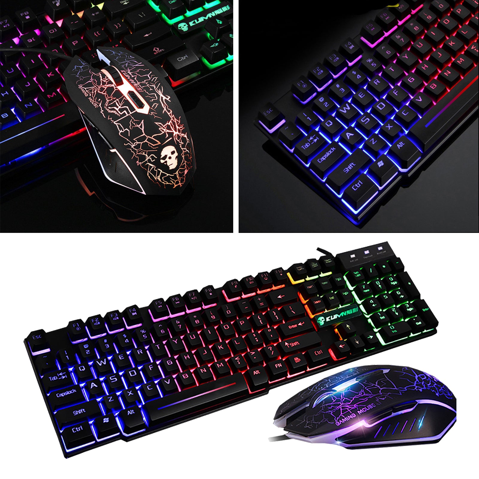 T6 Rainbow LED USB Wired Gaming Keyboard & Mouse Pad Set for PC Laptop Black